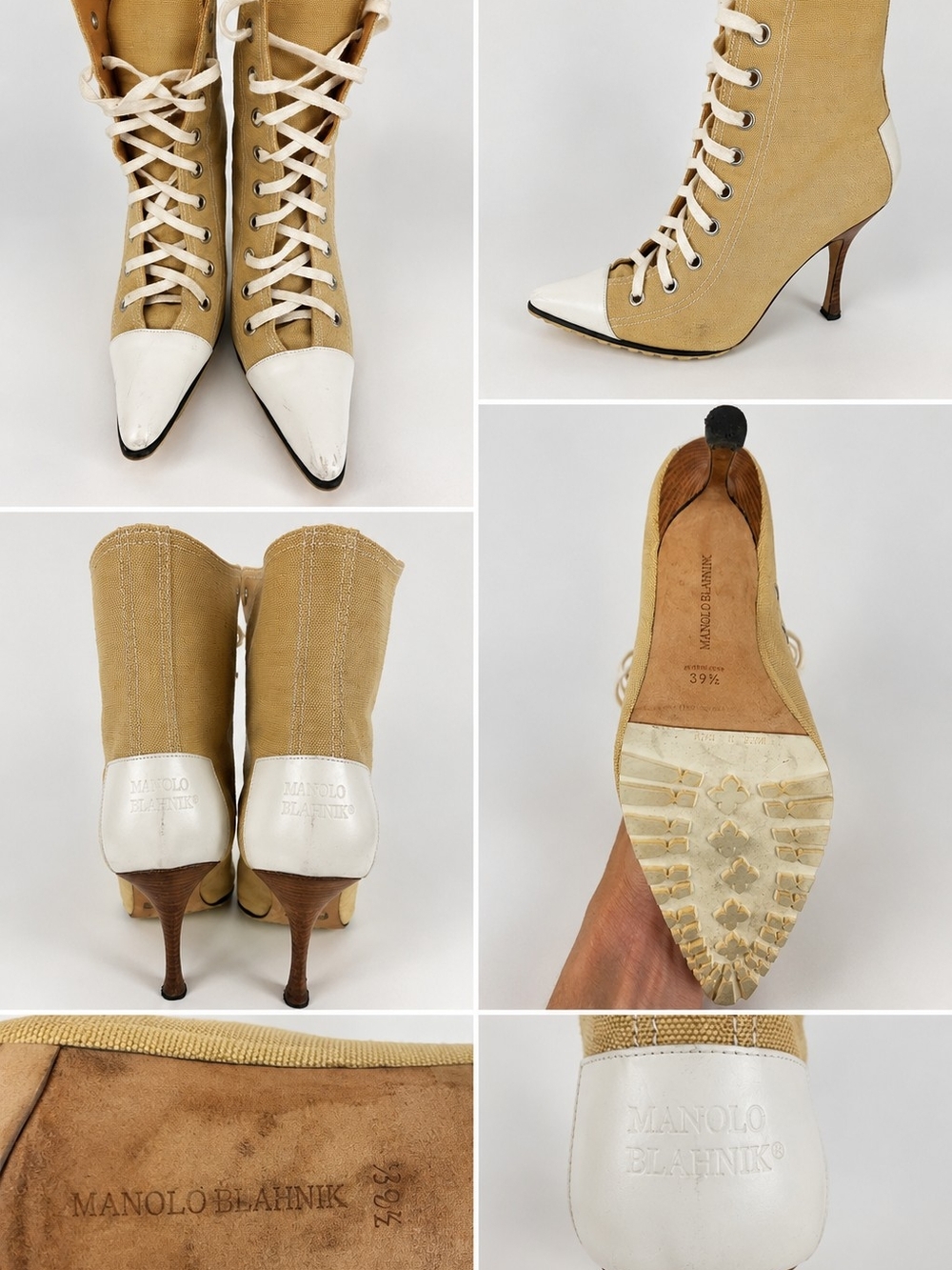 Vintage Manolo Blahnik Lace Up Canvas Pointed Toe Stilletto Boots Y2K Vintage